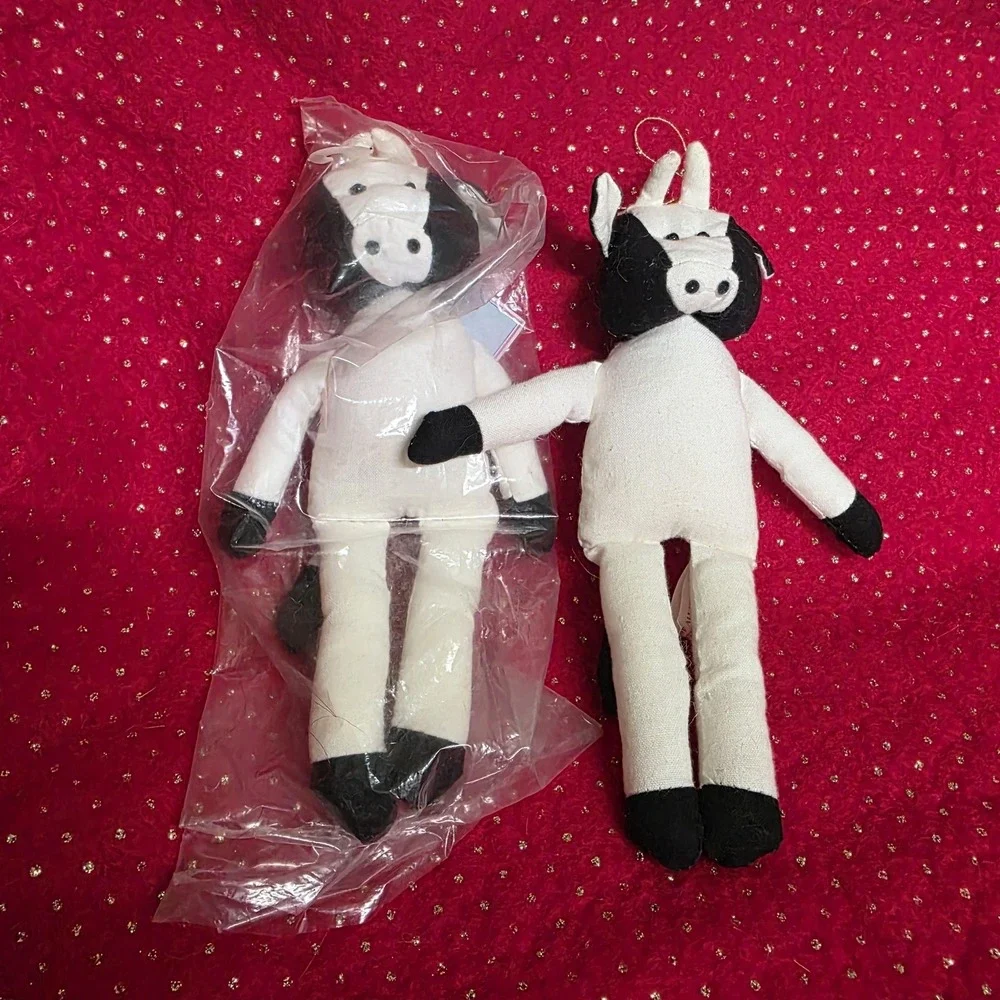 Vintage Leewards Cow Plush Ornaments‎ Set of 2 Black White Hanging Dolls Holiday